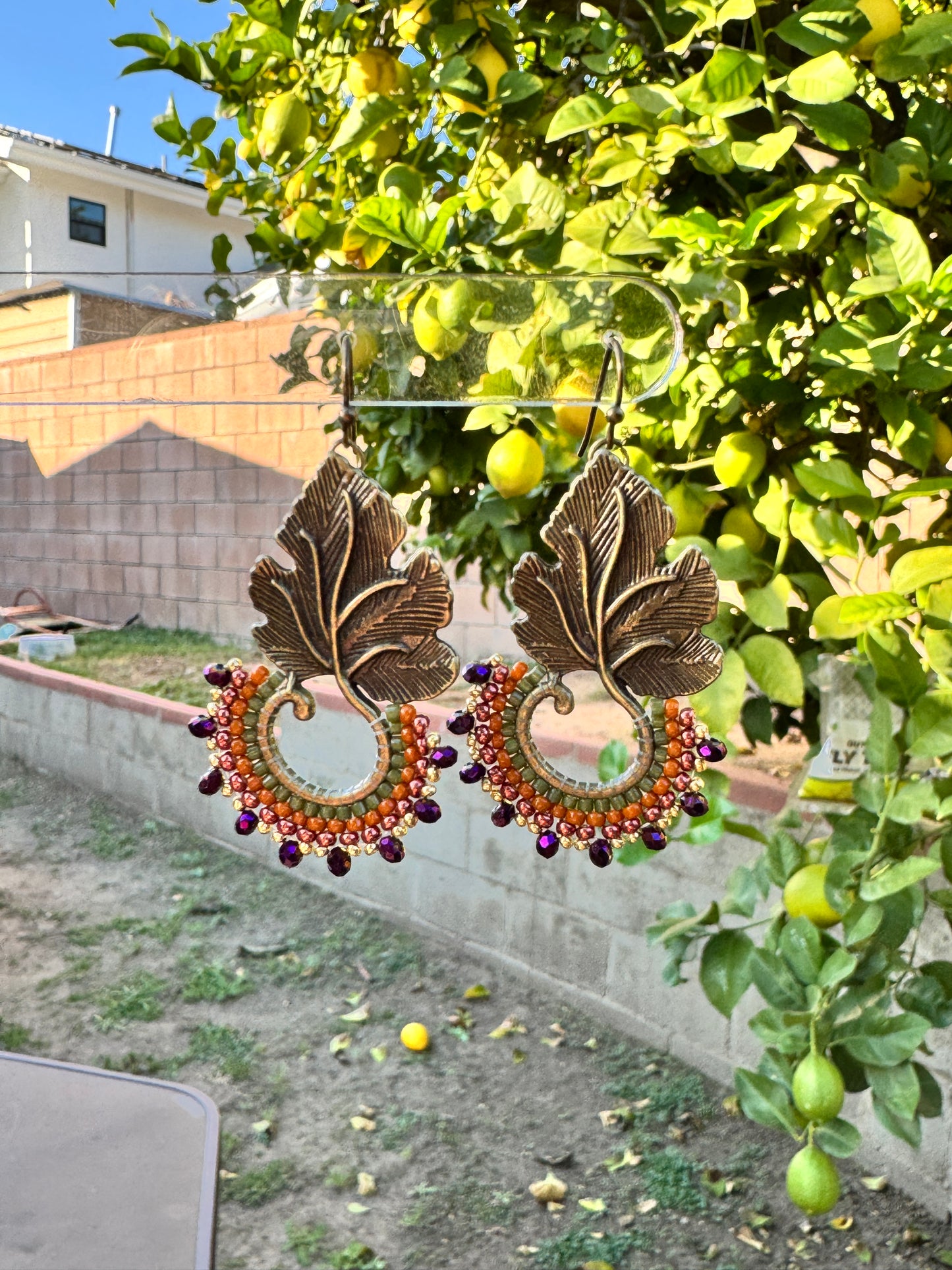 Fig & Finch Dangle Earrings – Antique Brass Fig Leaf with Beaded Details
