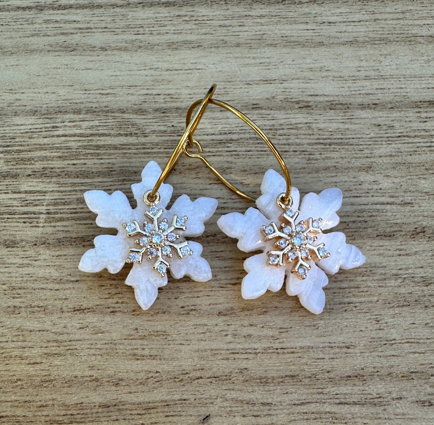 Winterlight Snowflake Hoops — Translucent Polymer Clay Earrings