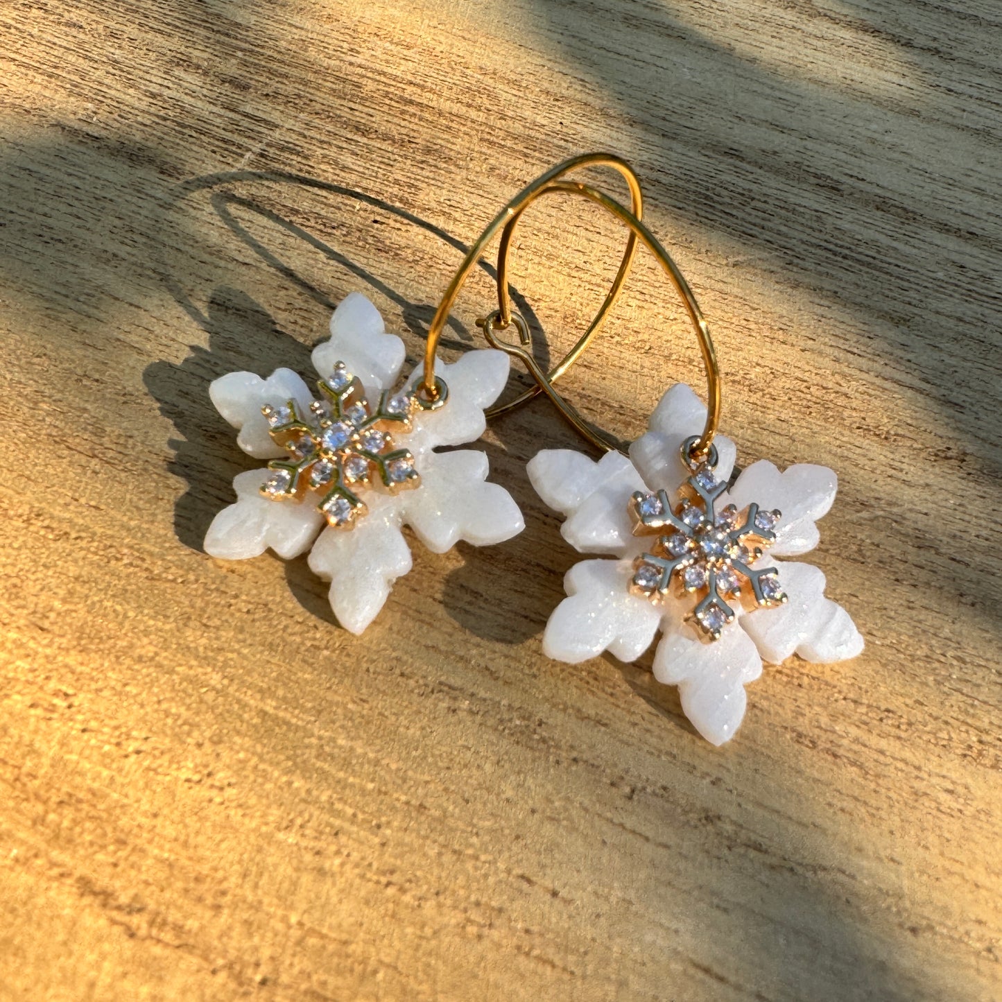 Winterlight Snowflake Hoops — Translucent Polymer Clay Earrings