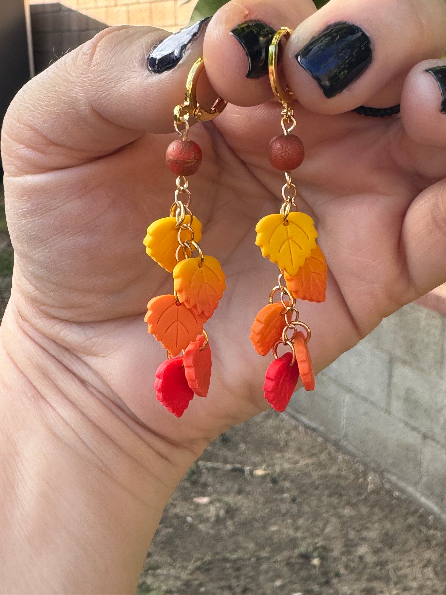 Autumn Drift Dangle Earrings – Fall Leaf Chain Earrings with Gold Huggie Hoops