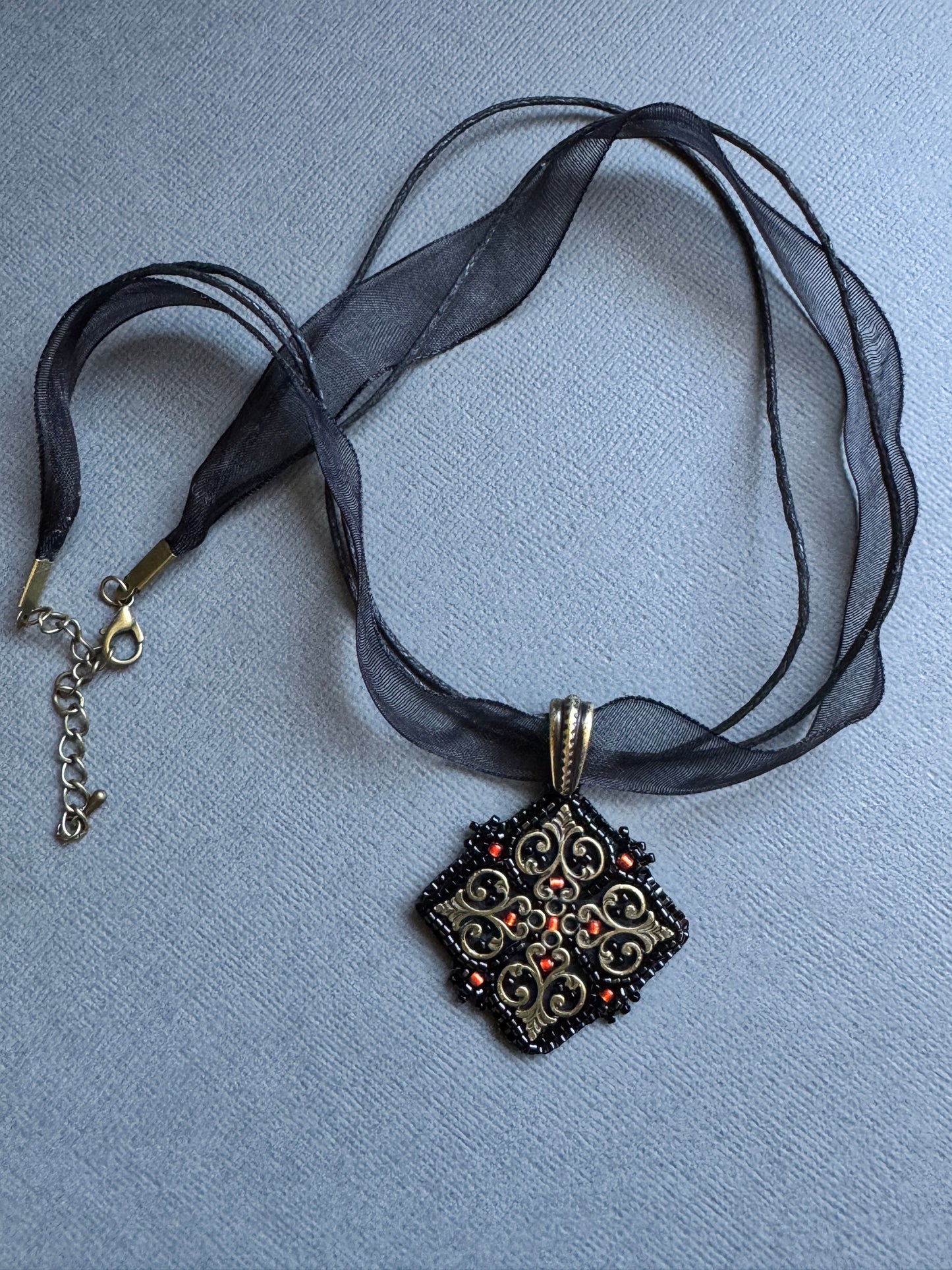 Velvet Reliquary Necklace – Bead Embroidered Black & Red Pendant