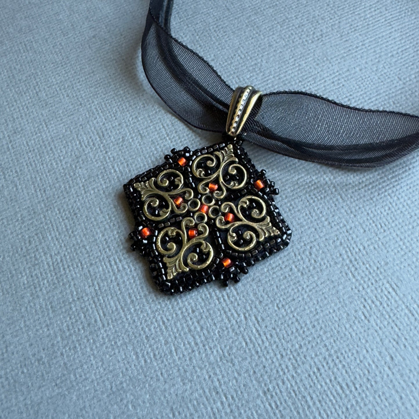 Velvet Reliquary Necklace – Bead Embroidered Black & Red Pendant