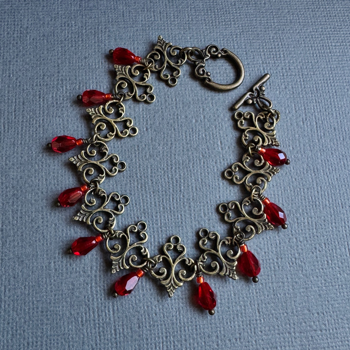 Velvet Reliquary Bracelet – Gothic Victorian Filigree Red Crystal Drop Bracelet