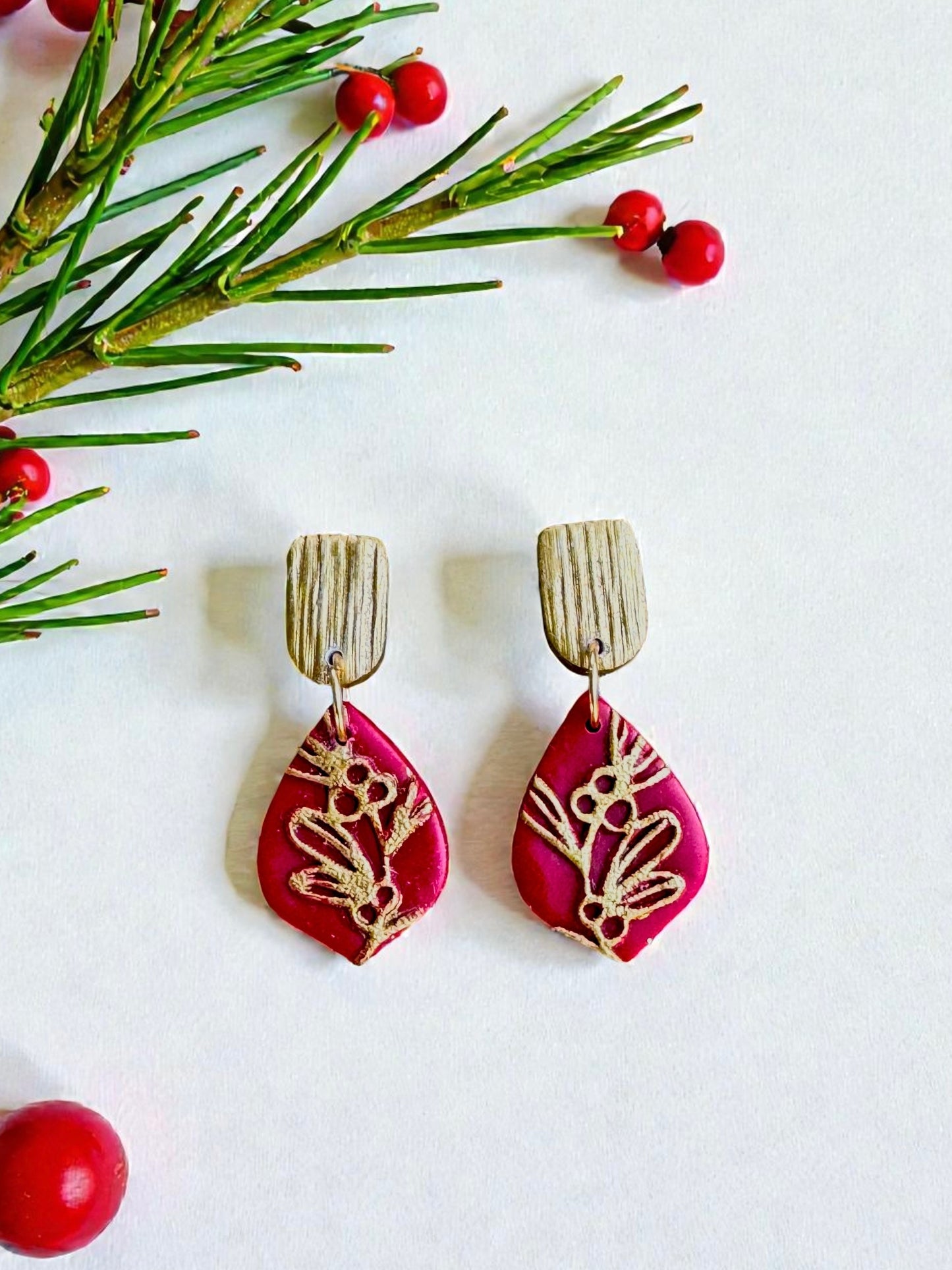 Holly Glow Drops — Handmade Polymer Clay Earrings
