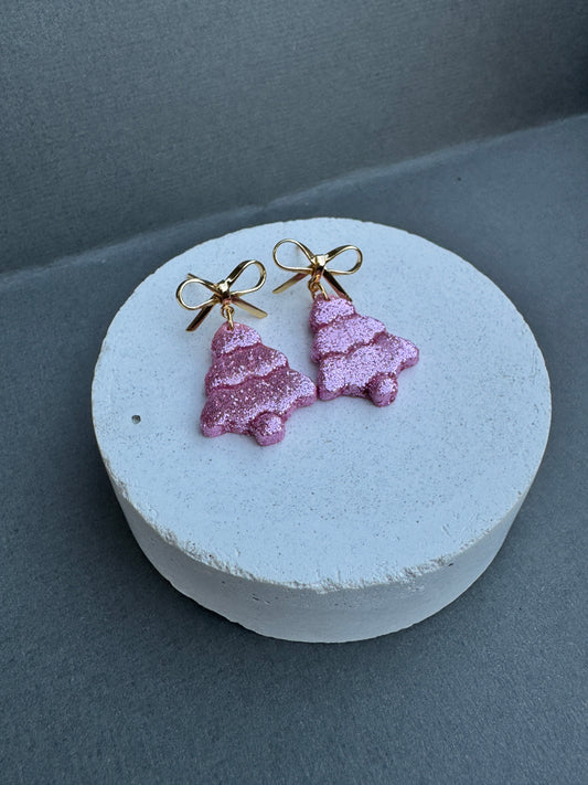 Sparkle Tree Bow Earrings — Glittered Polymer Clay Holiday Drops