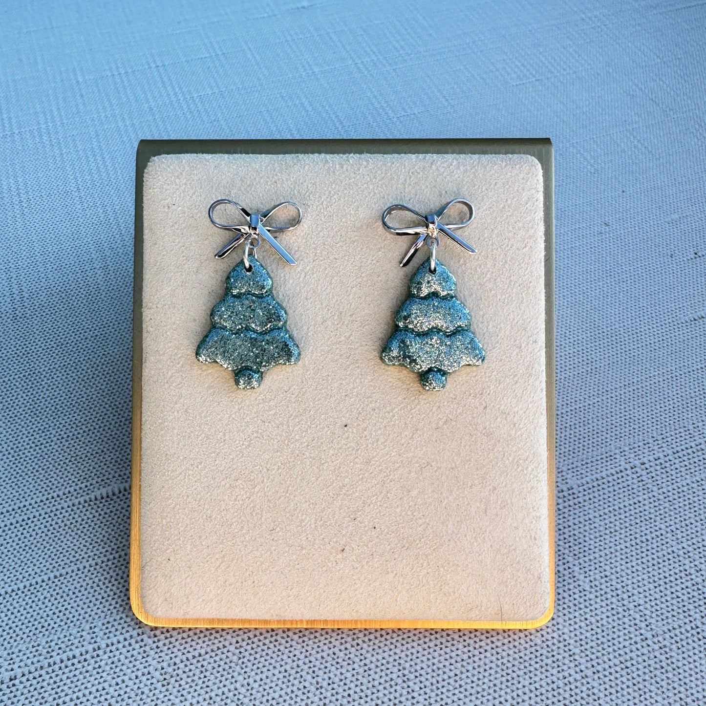 Sparkle Tree Bow Earrings — Glittered Polymer Clay Holiday Drops