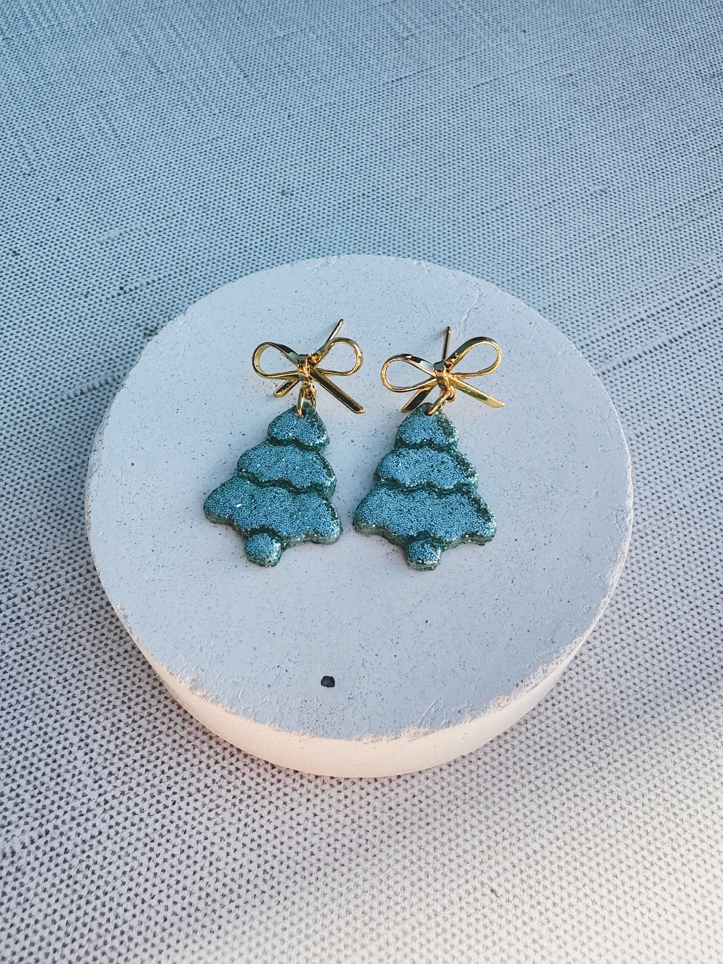 Sparkle Tree Bow Earrings — Glittered Polymer Clay Holiday Drops