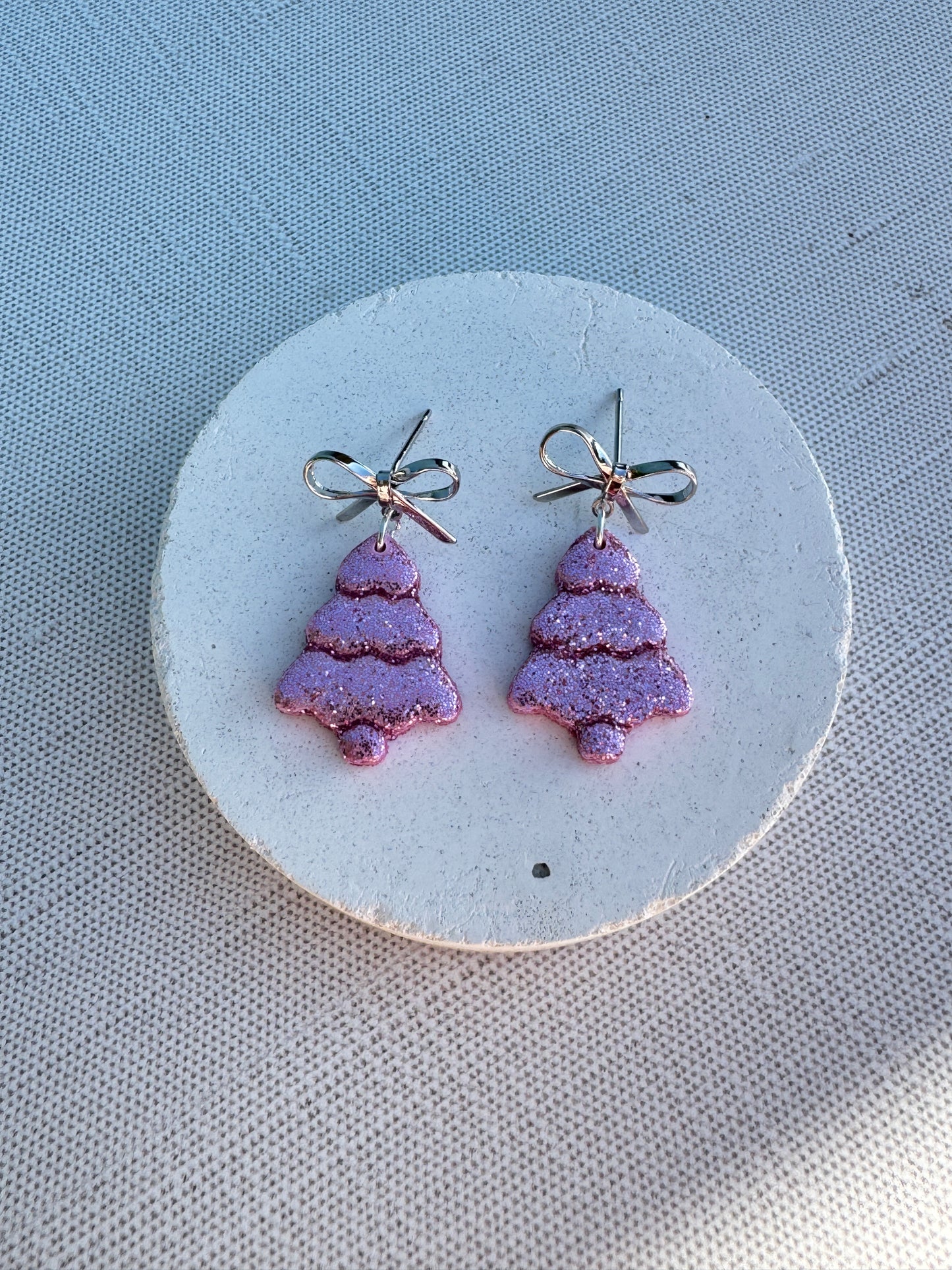 Sparkle Tree Bow Earrings — Glittered Polymer Clay Holiday Drops