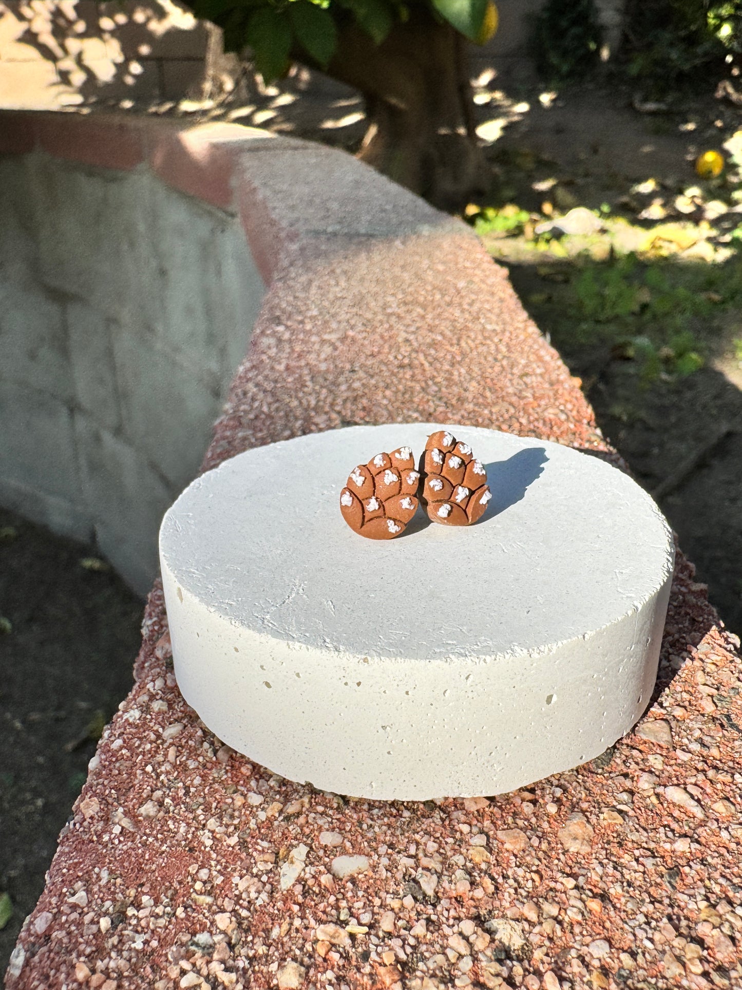 Pinecone Stud Earrings – Snowy Winter Polymer Clay Jewelry