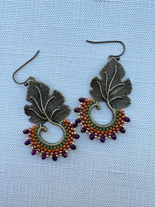 Fig & Finch Dangle Earrings – Antique Brass Fig Leaf with Beaded Details