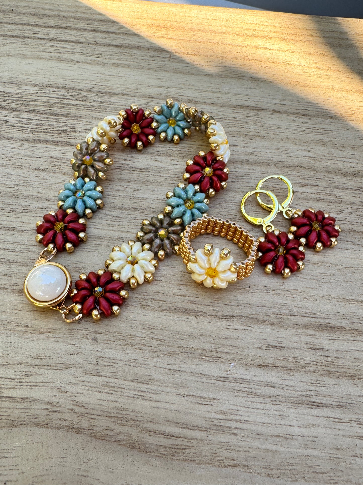 Zinnia Garland Jewelry Set – Hand Beaded Bracelet, Ring & Earrings