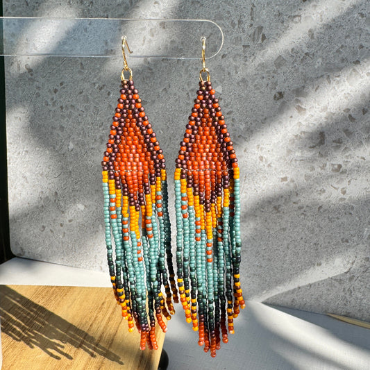 Autumn Beaded Fringe Earrings – Warm Fall Color Statement Dangles