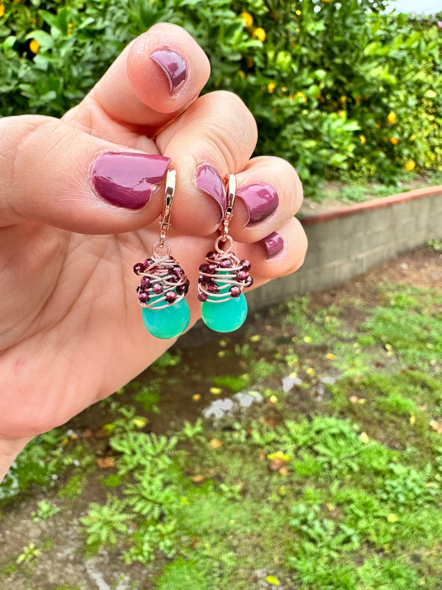 Verdant Ember Drops — Green Opal & Garnet Huggie Earrings